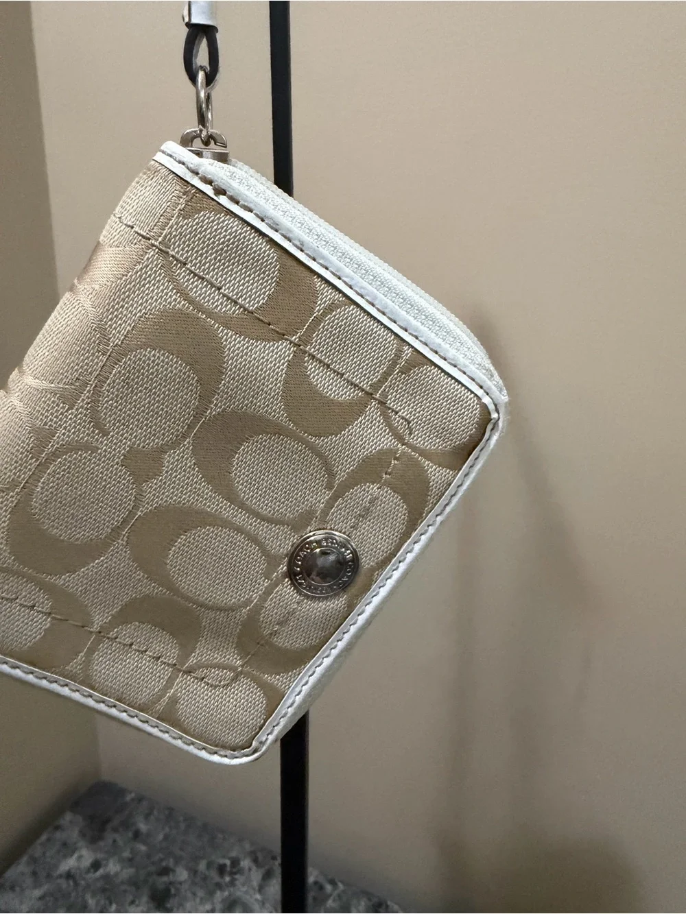Coach Beige Signature Wristlet with White Trim